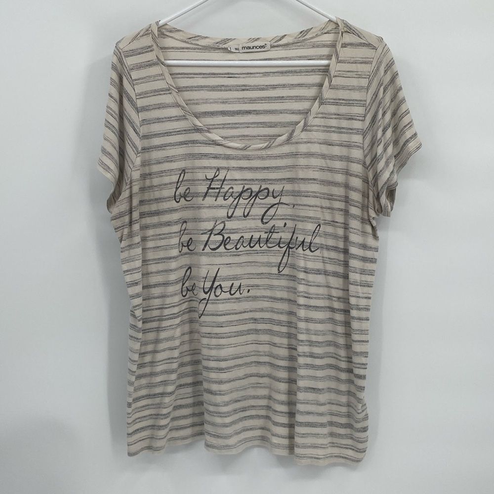 Maurices Striped Be Happy Graphic Tee Short Sleeve Gray Stripe Cream XL